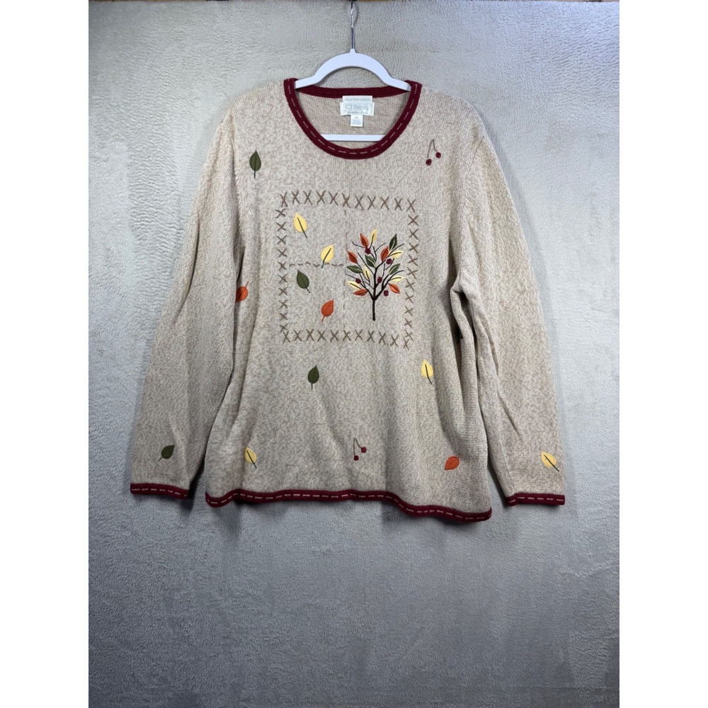 CJ Banks Sweater Womens 1X Beige Fall Embroidered Leaves Cotton Ramie Knit Top